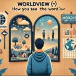 A young person looking into a mirror reflecting two different perspectives of the world—one side showing optimism, opportunities, and growth, while the other side reflects cynicism, barriers, and struggles. This represents how our worldview shapes our perception of life.