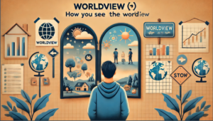 A young person looking into a mirror reflecting two different perspectives of the world—one side showing optimism, opportunities, and growth, while the other side reflects cynicism, barriers, and struggles. This represents how our worldview shapes our perception of life.